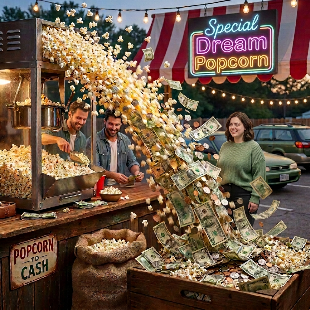 Popcorn machine overflowing with popcorn, money, and coins beneath a Fresh Popcorn & Cash sign